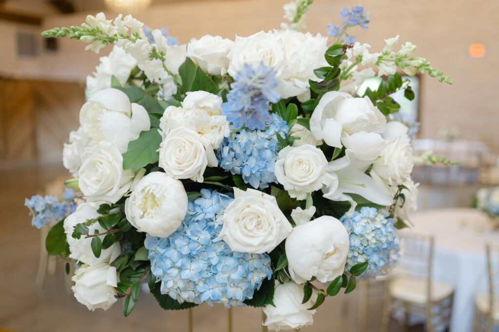 Blue and white floral wedding centerpiece at Park Crest Event Facility